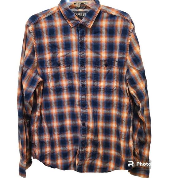 Men Express Striped Button Up shirt Orange Blue Size Large - Picture 1 of 5